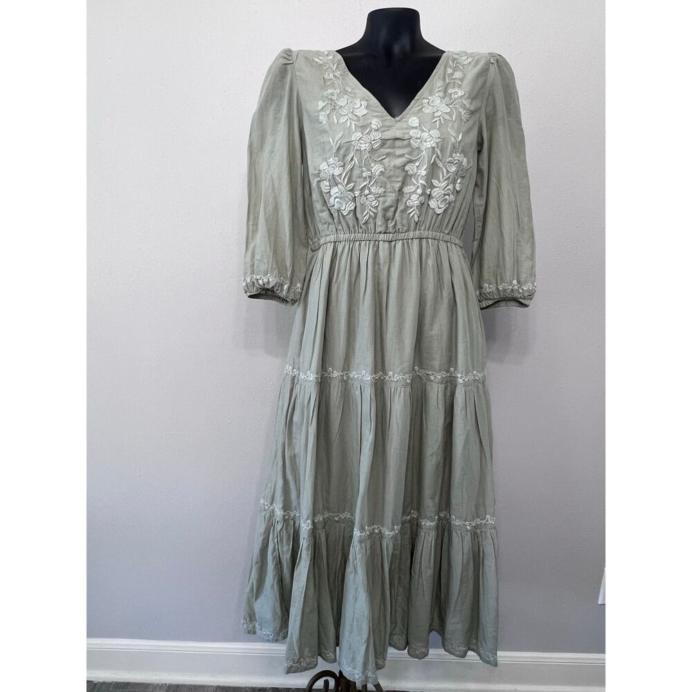 Lucky Brand Dress Sz S Sage Floral Embroidered Tiered Maxi Cottage Boho Fall